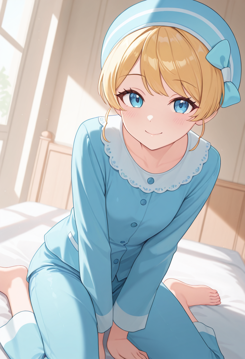 1girl,solo,<lora:licail:0.9>,licappn,blue eyes,blonde hair,short hair,hat,bow,blue headwear,pajamas,buttons,looking_at_viewer,cowboy_shot,dynamic_angle,day,bedroom,smile,masterpiece,best quality,good quality,newest,incredibly absurdres,leaning_forward,sitting,wariza,barefoot,