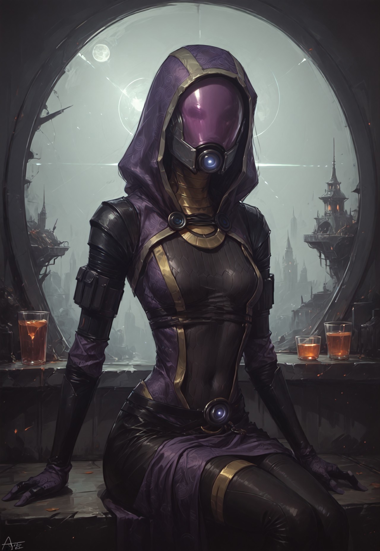 ((zPDXL3)), ((zPDXLxxx)), (score_9), score_8_up, score_7_up, score_6_up, score_5_up, score_4_up, BREAK, 1girl, solo, source_furry, by aqe, tali, tali'zorah, alien, alien humanoid, humanoid, quarian, 3 fingers, armor, black clothing, bodysuit, clothed, clothing, female, fingers, headgear, helmet, hood, not furry, eyeless, detailed background, spacecraft, skinsuit, solo, tight clothing, hand on hip, pose, pose, cute pose, pinup, wide hips, medium breasts, <lora:talizorah_pdxl_:1>, spaceship, sitting, supermodel , slim, ab_crack, thighhighs, armlet, linea alba, teardrop breasts, 
<lora:d4rk01lXLP:0.55>