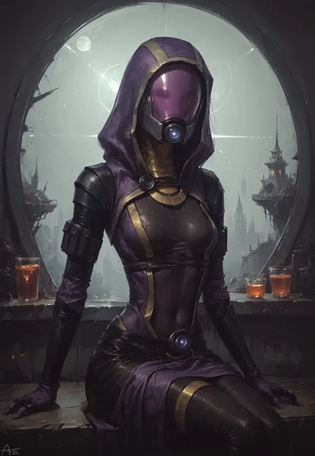 ((zPDXL3)), ((zPDXLxxx)), (score_9), score_8_up, score_7_up, score_6_up, score_5_up, score_4_up, BREAK, 1girl, solo, source_furry, by aqe, tali, tali'zorah, alien, alien humanoid, humanoid, quarian, 3 fingers, armor, black clothing, bodysuit, clothed, clothing, female, fingers, headgear, helmet, hood, not furry, eyeless, detailed background, spacecraft, skinsuit, solo, tight clothing, hand on hip, pose, pose, cute pose, pinup, wide hips, medium breasts, <lora:talizorah_pdxl_:1>, spaceship, sitting, supermodel , slim, ab_crack, thighhighs, armlet, linea alba, teardrop breasts,
<lora:d4rk01lXLP:0.55>