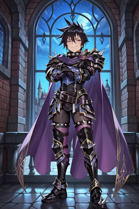 <lora:LeonIL:0.8> , LeDef, 1boy, purple eyes, scar on forehead, spiked hair, black hair, spiked collar, spikes, spiked armor, shoulder spikes, armor, black armor, faulds, purple faulds, gauntlets, black gauntlets, cape, purple cape, black bodysuit, bodysuit under clothes, spiked belt, greaves, black greaves, spiked shoes, spiked thighhighs, purple thighhighs, full body, smile, smug, night, bloodstained armor, castle, ramparts, window, medieval city, crossed arms, masterpiece, very aesthetic, absurdres, best quality, amazing quality, high resolution, <lora:illustrious_quality_modifiers_masterpieces_v1:0.8> , <lora:ChamIllustriousBackgroundEnhancer:0.5>,