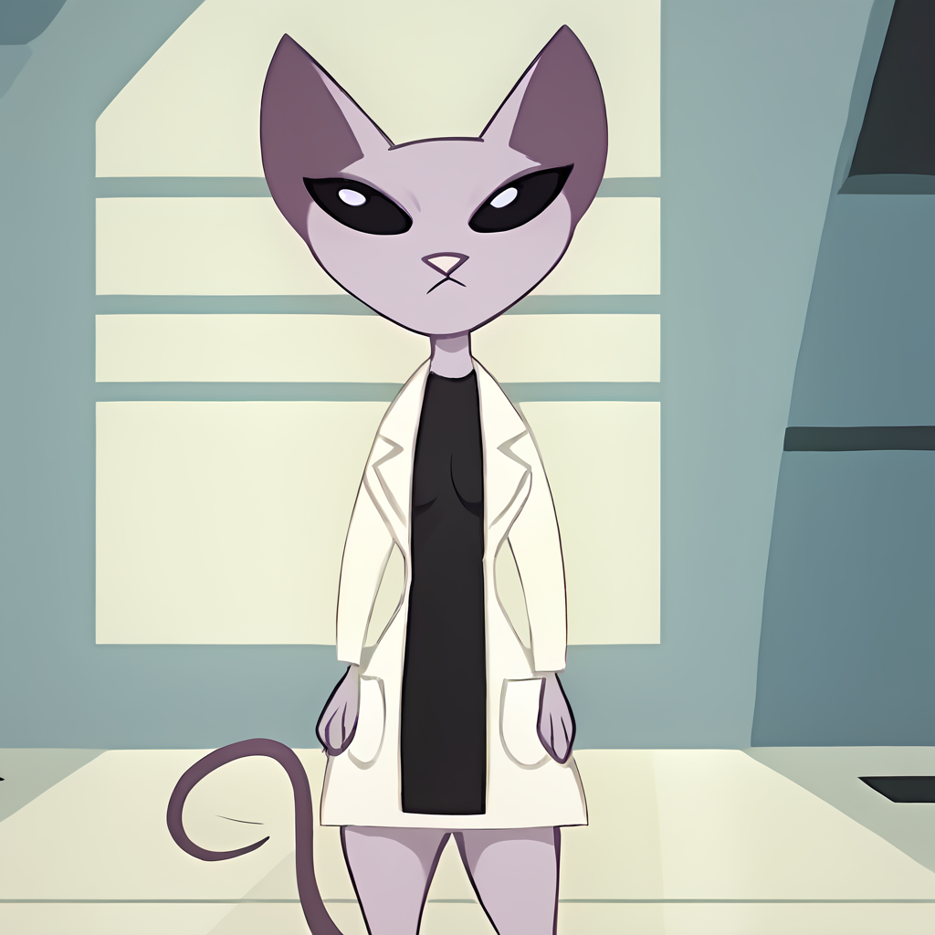 score_9, score_8_up, score_7_up, score_6_up, score_5_up, score_4_up, BREAK<lora:drkatserie:1.2> drkat, furry female, cat, furry, pink skin, black eyes, tail, laboratory, black lab coat, breasts, covered nipples,