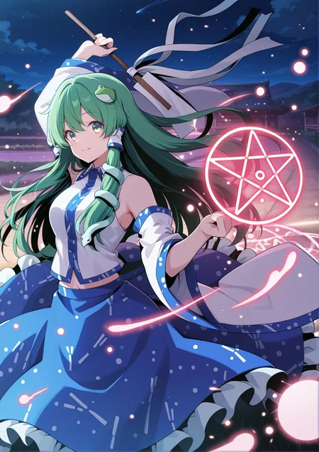 absurdres, highres, masterpiece, best quality, amazing quality, official anime artwork, screencap, anime screencap, outdoors, looking at viewer, dynamic pose,
<lora:Sanae-Kochiya_IllustriousV2:1> kochiya sanae, 1girl, solo, green eyes, green hair, long hair,, frog hair ornament, hair tubes, snake hair ornament, collared shirt, white shirt, detached sleeves, wide sleeves, blue skirt, frilled skirt, gohei, 
light particles, floating hair, night, light smile, magic circle, danmaku,