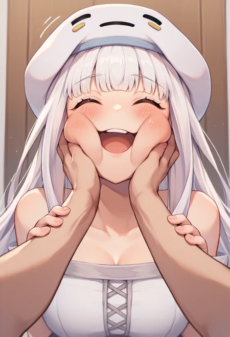 score_9, score_8_up, score_7_up, 1girl, cheek squash, hands on another's face, hands on another's cheeks, solo focus, pov hands, <lora:POVCheekSquash_XLPD:1>, blush, happy, <lora:Ghast_XLPD:0.8> Ghast-chan, white hair, long hair, hat, white dress, bare shoulders, closed eyes, open mouth, large breasts,