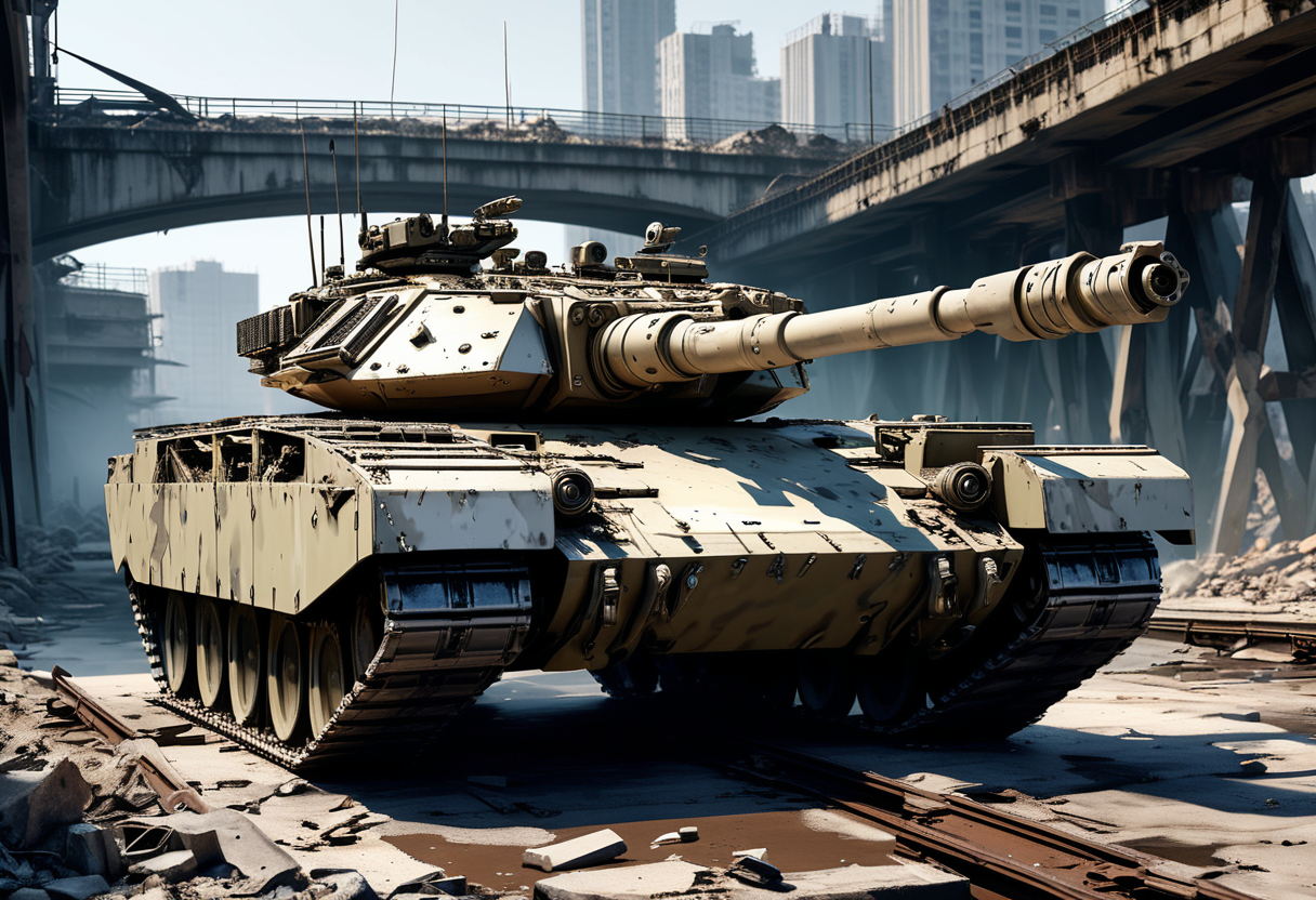 (medium full shot) of (intimidating compact digital-camo tank) with ceramic armor, diesel, reinforced turret, antenna arrays, set in  a damaged bridge, with sections missing and makeshift repairs, the tank crossing with care, ,Masterpiece,best quality, raw photo, realistic, very aesthetic