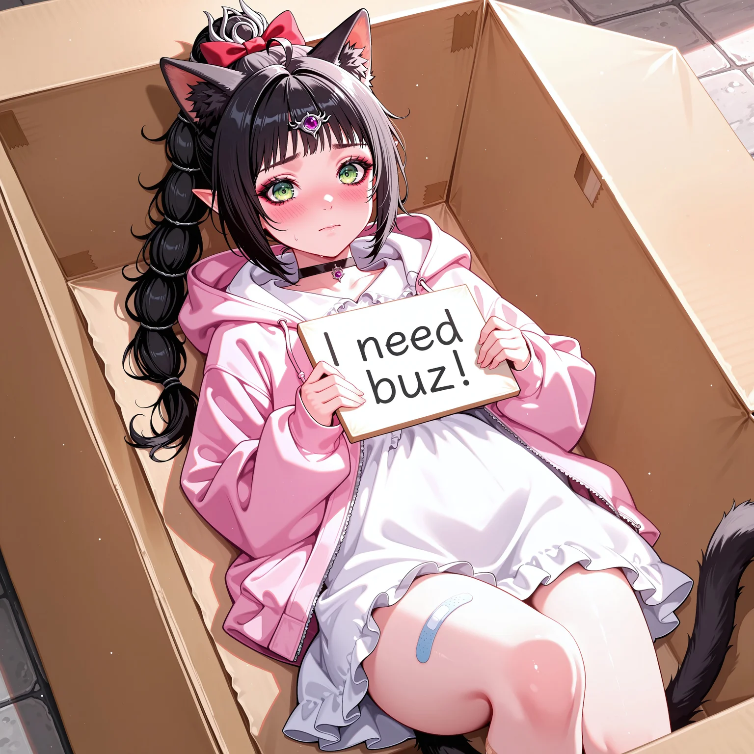 score_9, score_8_up, score_7_up, score_6_up, anime, beautiful, stunning, masterpiece, best quality, amazing quality,
shadowheart (baldur's gate), elf, long hair, green eyes, black hair, pointy ears, multi-tied hair,
need_buzz, holding sign
1girl, animal ears, tail, in container, cat ears, cat tail, cat girl, animal ear fluff, open clothes, box, solo, x hair ornament, jacket, in box, long hair, pink jacket, cardboard box, hood, hood down, open jacket, bow, hair bow, hair ornament, blush, white shirt, long sleeves, choker, lying, shirt, frills, hooded jacket, on back, ahoge, bandaid, looking at viewer, black choker, closed mouth, bandaid on leg, sign, red bow, dress, feet out of frame, sleeves past wrists