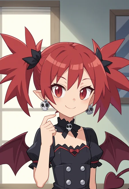 score_9, score_8_up, score_7_up, score_6_up, score_5_up, score_4_up , anime coloring ,BREAK source_anime, anime screencap,
1girl, solo, disetna, red hair, twintails, spiked hair, demon wings, demon girl, demon tail, skull earrings, black dress, gothic dress, frilly dress, short sleeves, <lora:PonyXL Etna V5:1>
indoors, smile, upper body, looking at viewer,
