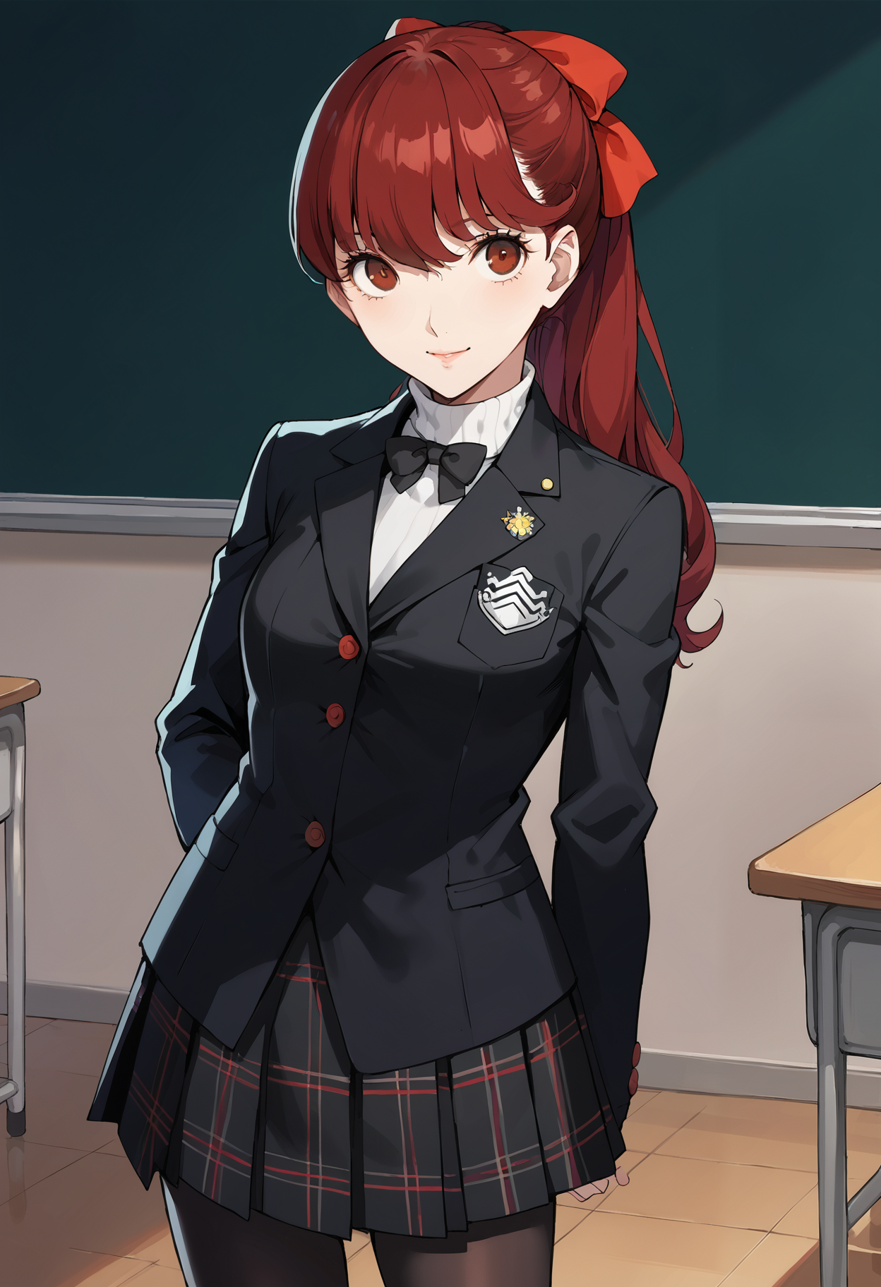 score_9, score_8_up, source_anime
1 girl, solo, cute face,
p5yoshizawa, long hair, red hair, bangs, ponytail, red hair bow,
p5yoshizawa-winuni, school uniform, white turtleneck, black bowtie, black jacket, school emblem, red buttons, plaid skirt, pleated skirt, black pantyhose, shuujin academy school uniform,
classroom, standing, looking at viewer, smile, hands behind back, cute pose
masterpiece, best quality, ultra detailed,