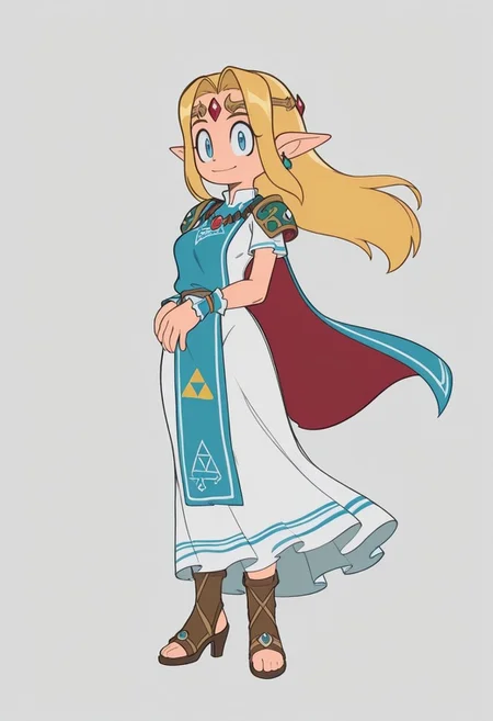 sslt,

1girl, solo, sidelocks, bangs, tiara, circlet, smile, earrings, jewelry, breasts, pauldrons, full body, blonde hair, long hair, blue eyes, parted bangs, pointy ears, medium breasts, brown footwear, dress, triforce, boots, long dress, high heels, shoulder armor, looking at viewer, standing, tabard, white dress, short sleeves, gem, toeless footwear, forehead jewel, floating hair, necklace, pelvic curtain, cape, shiny, shiny hair, sandals, wind, wrist cuffs