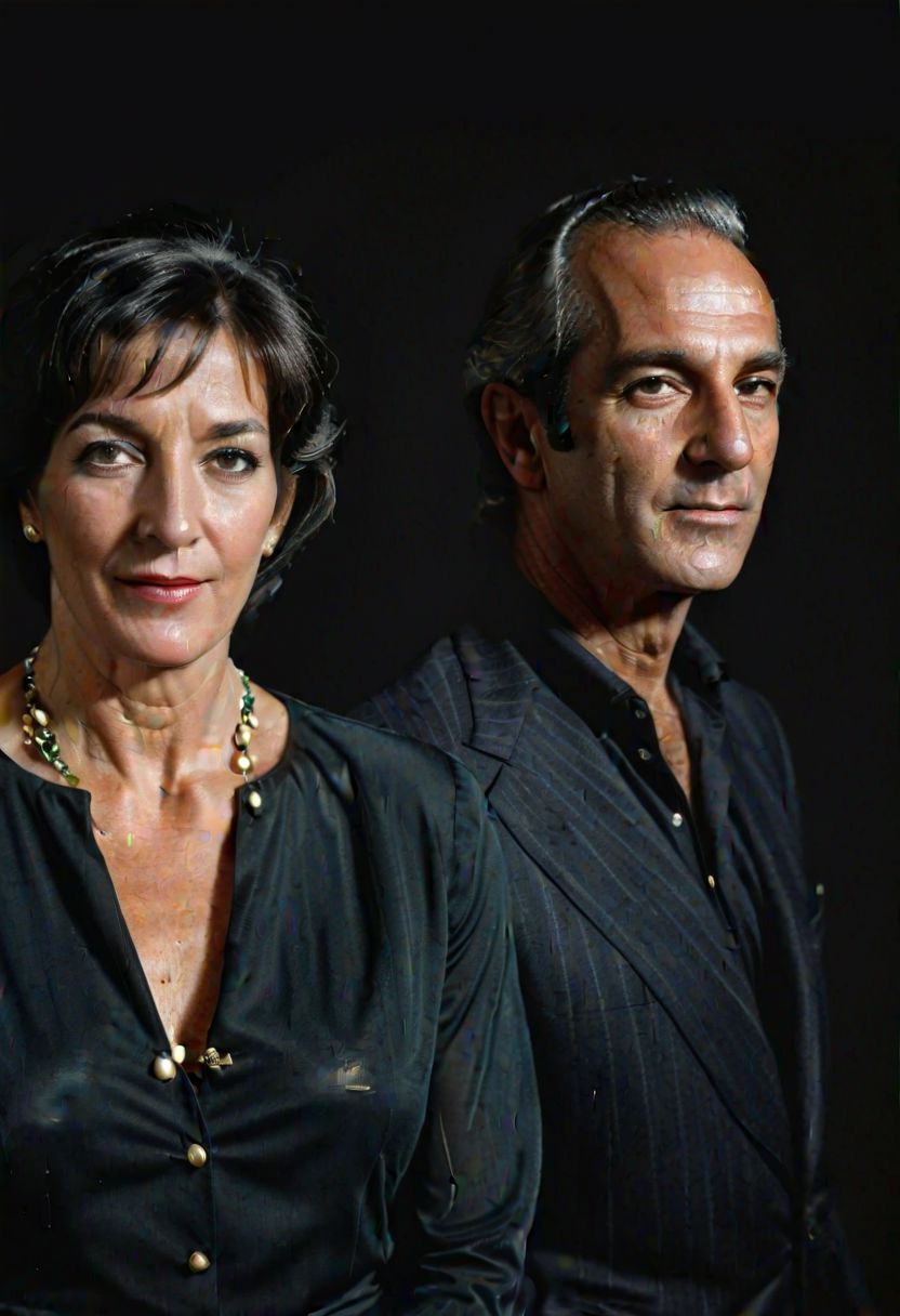 ASCII,Olin Mills Style, Double Exposure, solid black background,  Photo, gazing off into the distance olin mills  portrait of Ghislaine  Maxwell with Jeffrey Epstein )  , stylish hair   intricate skin details , realism, hyper-realistic , skin pores, highly detailed realistic skin , high  definition, Masterpiece, Trending on Artstation, 4k, absurdres, intricate details, 4k, insane details , photo realistic ,