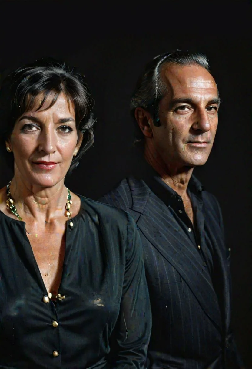 ASCII,Olin Mills Style, Double Exposure, solid black background, Photo, gazing off into the distance olin mills portrait of Ghislaine Maxwell with Jeffrey Epstein ) , stylish hair intricate skin details , realism, hyper-realistic , skin pores, highly detailed realistic skin , high definition, Masterpiece, Trending on Artstation, 4k, absurdres, intricate details, 4k, insane details , photo realistic ,