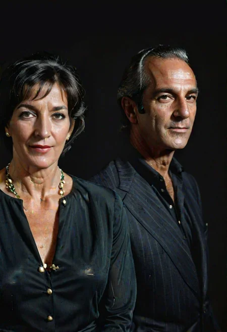 ASCII,Olin Mills Style, Double Exposure, solid black background,  Photo, gazing off into the distance olin mills  portrait of Ghislaine  Maxwell with Jeffrey Epstein )  , stylish hair   intricate skin details , realism, hyper-realistic , skin pores, highly detailed realistic skin , high  definition, Masterpiece, Trending on Artstation, 4k, absurdres, intricate details, 4k, insane details , photo realistic ,