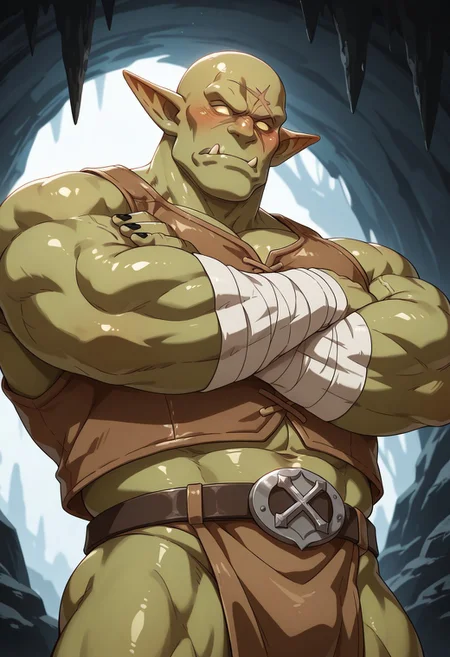solo, male focus, masterpiece, absurdres, very aesthetic, ultra-detailed, amazing quality, masculine face, mature male,
1boy, goblin, Green Skin, Yellow eyes, blank eyes, no pupils, black nails, sharp nails, pointy nose, tlarger men, Big body, broad shoulders, scar on cheek, cross scar, huge pointy ears, underbite, fangs, huge muscles, bara, huge biceps, huge pectorals, abs, closed mouth, frown, looking at viewer, bald, shiny skin, arm wraps, crossed arms, leather vest, sleeveless, blush, blushing, loincloth, belt, from below, looking down, low-angle view,
BREAK
upper body, half-length portrait, perfect lighting, cave, backlighting,
score_9, score_8_up, score_7_up, WaiIL25PosC, k0n0hanaya