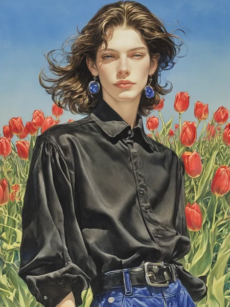 A young person with shoulder-length dark hair,standing in a field of red tulips,wearing a black button-up shirt and a belt. They have blue gemstone earrings and are looking confidently at the camera against a bright blue sky,
ddpapa,<lora:Detail_Adamov_V1:0.7>,, masterpiece, best quality,