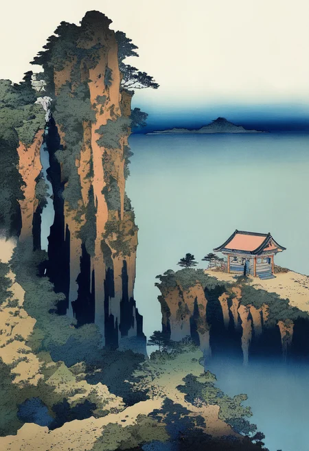 cliff scenery, a small shrine on a cliff surrounded by the sea, pilgrim, (best quality), highly detailed, KHsty-XL<lora:KHsty-XL-v3-AN:0.7>