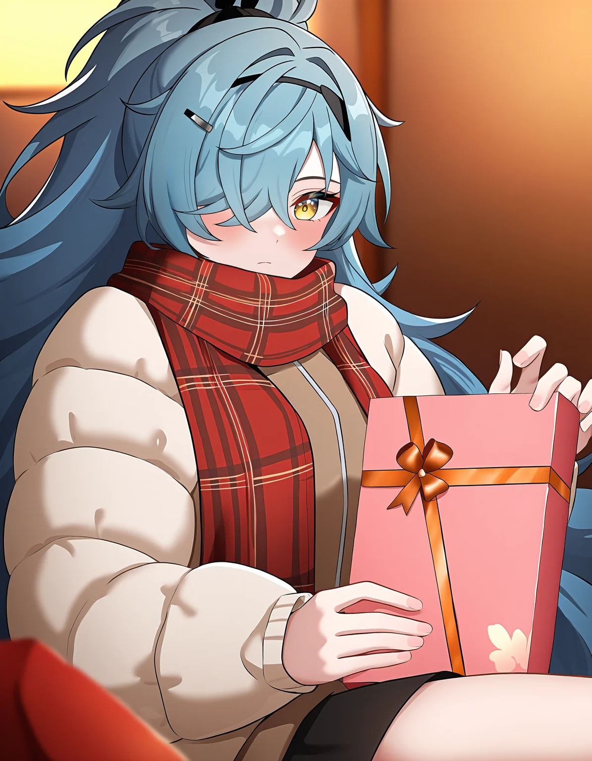 down_jacket,fur,holding_gift,plaid_scarf,white background,simple background,knee,
anime screencap,magazine cover,Cinematic Lighting,cinematic_angle,valentine,leaning_back,
xytx-cihui,1girl,solo,blue hair,hairband,yellow eyes,hair over one eye,
<lora:cihui_noob2:0.75>,masterpiece,best quality,very aesthetic,absurdres,