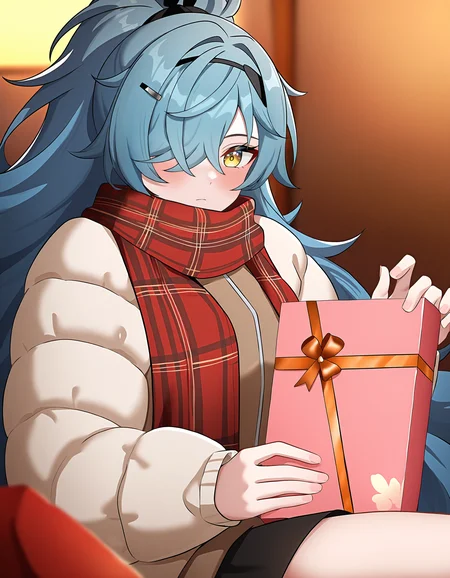 down_jacket,fur,holding_gift,plaid_scarf,white background,simple background,knee,
anime screencap,magazine cover,Cinematic Lighting,cinematic_angle,valentine,leaning_back,
xytx-cihui,1girl,solo,blue hair,hairband,yellow eyes,hair over one eye,
<lora:cihui_noob2:0.75>,masterpiece,best quality,very aesthetic,absurdres,