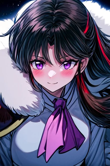 masterpiece, best quality 1girl Setsun4 solo long hair, (night time) forest background black hair very long hair purple eyes multicolored hair armor (fur trim) (medium body),<lora:EMS-179-EMS:0.800000>,<lora:EMS-293862-EMS:0.800000> bow, hair_bow, hair_tubes, red_bow, brown_hair, long_hair, bangs, ascot, frilled_bow, yellow_ascot, blush, smile, hair_between_eyes, athletic, armor