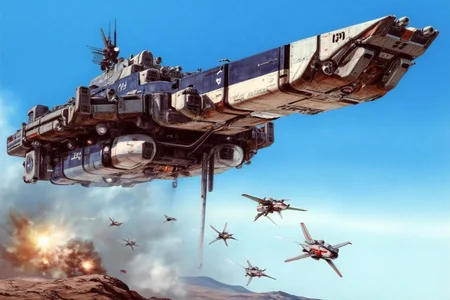 m9cha illustration.
A futuristic, high-tech mothership or spacecraft, resembling a large, angular aircraft carrier, hovering above a barren, desert-like landscape. The spacecraft, painted in a mix of dark blue, silver, and white, has numerous antennas, sensors, and various equipment visible on its surface. It has a sleek, aerodynamic design with a long, pointed nose and a wide, flat bottom.
There are some explosions in the background, while a group of X-Wing and Tie-Fighters are engaged in dog fights around the mothership. <lora:macmecha1_cap_d6a3e11:1.0><lora:820688149408770957:0>