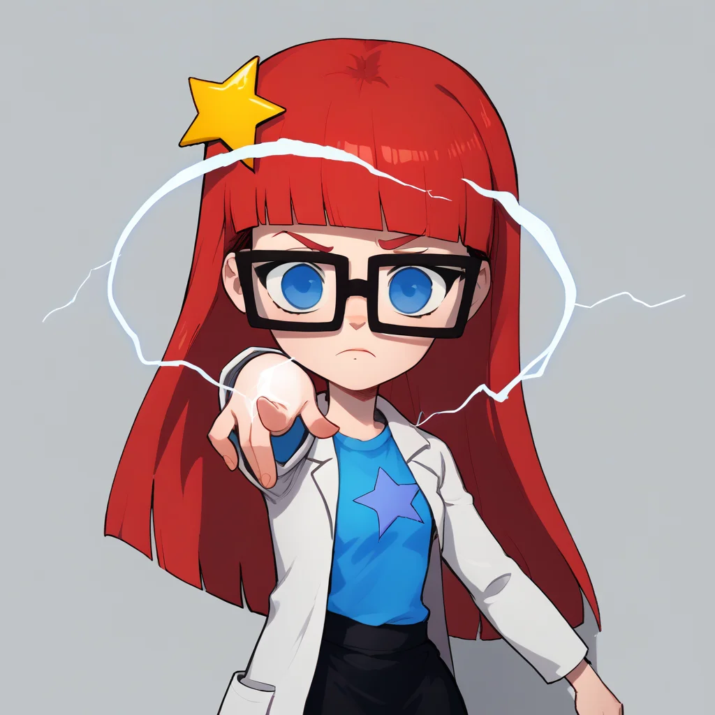 score_8_up, BREAK, source_cartoon, solo, 1girl, Susan, Red hair, long hair, blunt bangs , blue eyes, glasses, black skirt , blue t-shirt, star hair ornament, lab coat , long sleeves, <lora:SusanTest_LeafXL_3-10:1>, pointing electricity, <lora:only_my_railgun_pony:1>,