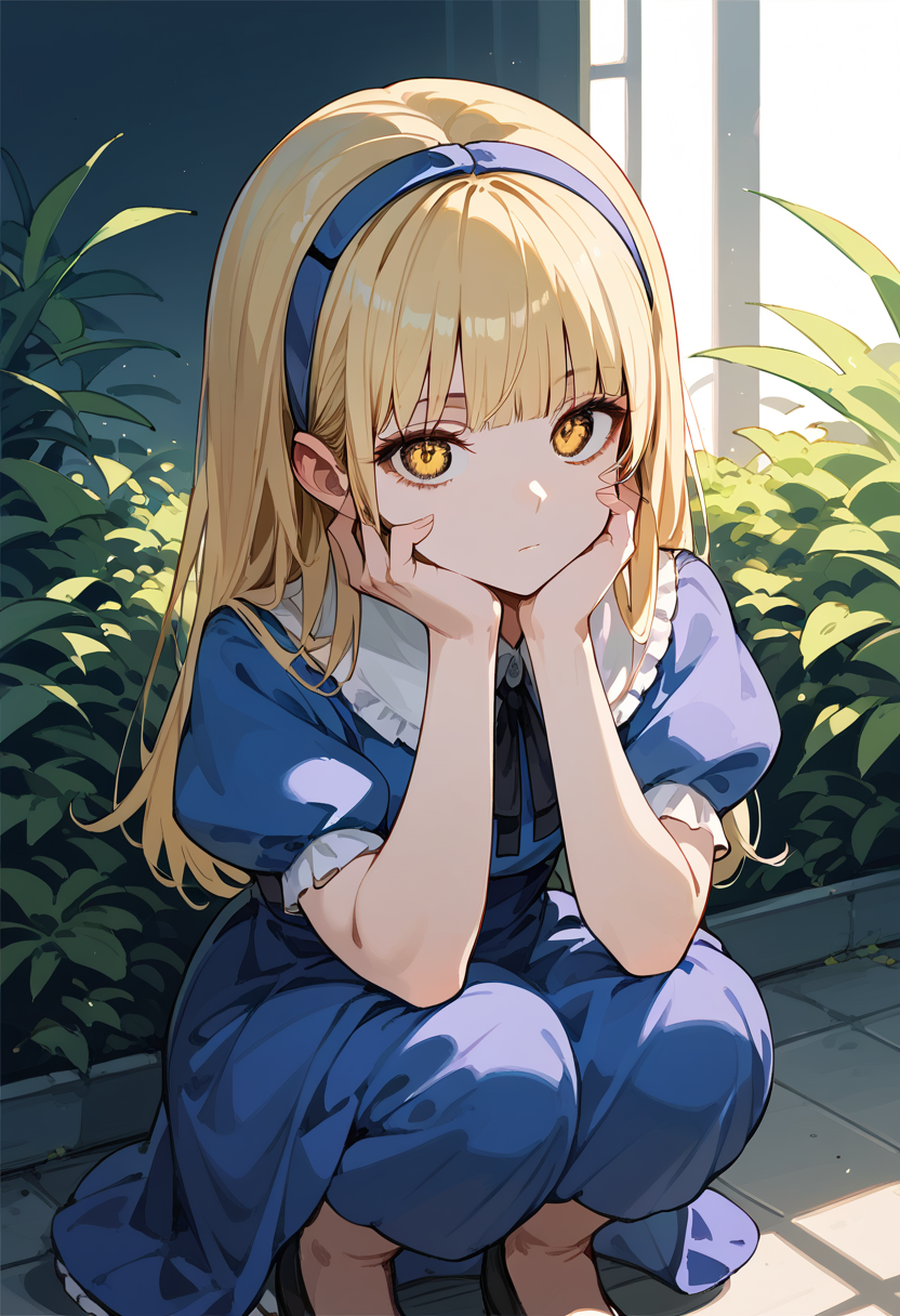 score_9, score_8_up, score_7_up, 1girl, solo, <lora:zs_AliceXL:1> alicesmt, dress, long hair, blonde hair, hairband, blunt bangs, puffy sleeves, blue dress, yellow eyes, expressionless, squatting, hands on cheek