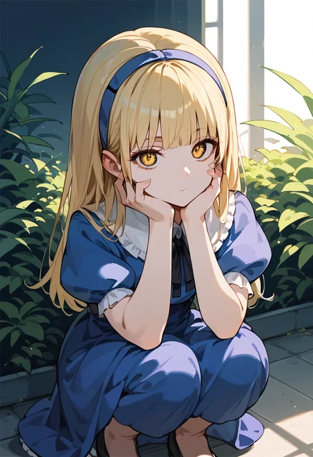 score_9, score_8_up, score_7_up, 1girl, solo, <lora:zs_AliceXL:1> alicesmt, dress, long hair, blonde hair, hairband, blunt bangs, puffy sleeves, blue dress, yellow eyes, expressionless, squatting, hands on cheek