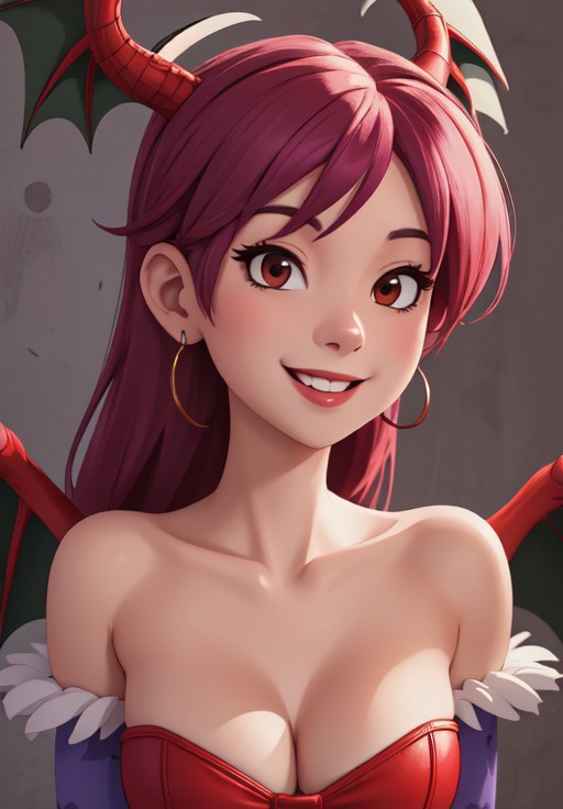 sfw, <lora:darkstalkers_lilith_nai:0.8>, darkstalkers_lilith, portrait, smile, (seductive, alluring, charming:1.3), seductive, (ultra-high res, high details, absurdres:1.3)