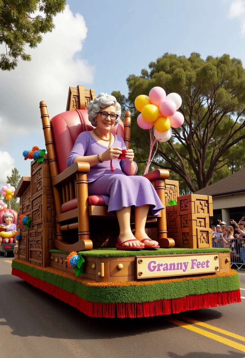 <lora:Parade_Float_Fashioner_FLUX-000005:1>
The image is a photograph capturing a vibrant, elaborate "barefoot grandma knitting while sitting in a rocking chair" themed parade float including banner with text "Granny Feet".