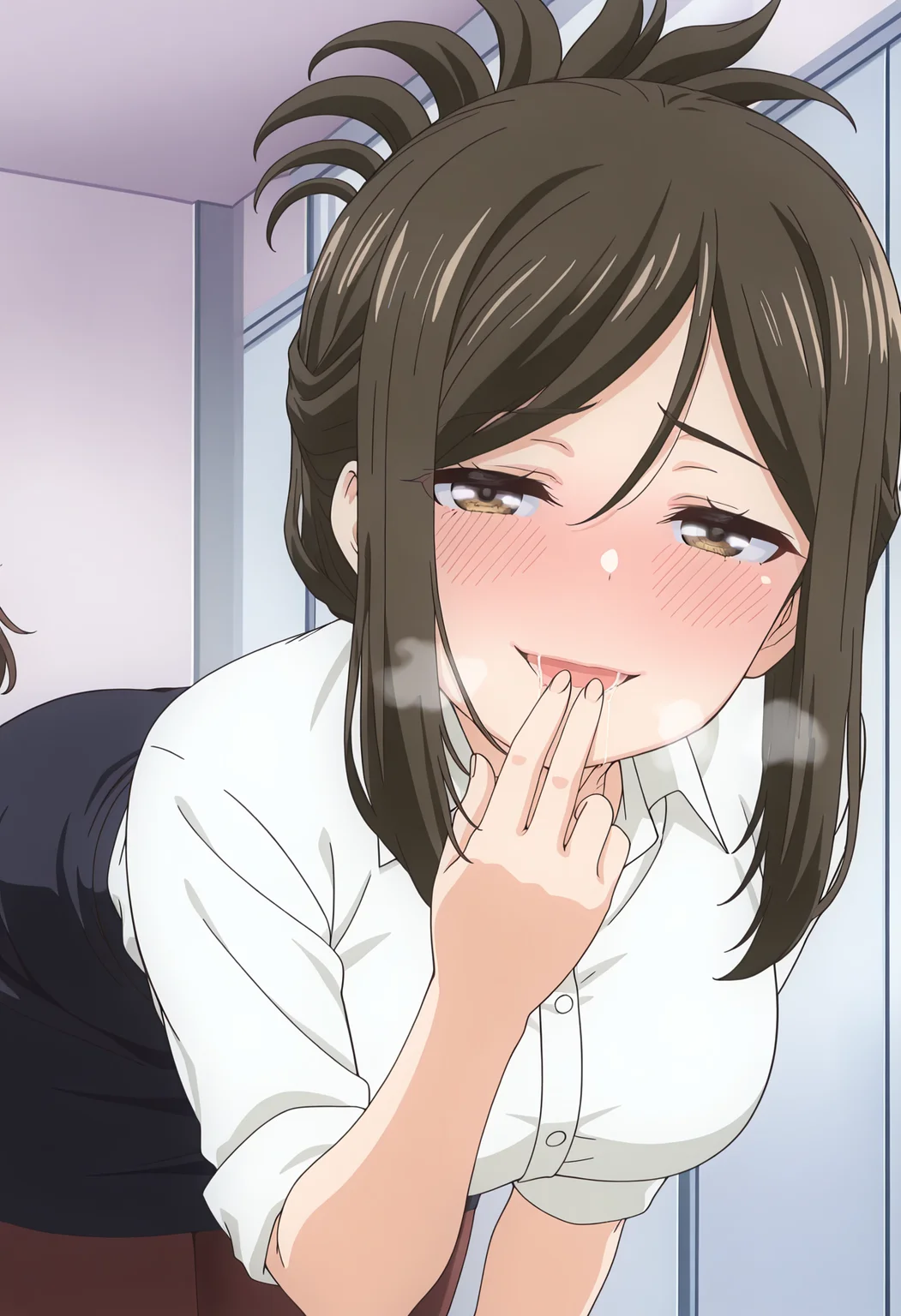 masterpiece, best quality, high resolution, source_anime, highly detailed illustration, detailed eyes,
very aesthetic, absurdres, newest, amazing quality, anime screencap,
1girl, solo, <lora:shiKojimaSenseiV1ill:1>,shikojimadef, brown hair, brown eyes, folded ponytail, long hair, large breasts, dress shirt, white shirt, office lady, pencil skirt, pantyhose,
<lora:shiSeduciveFingerV1ill:0.7> shisedupose, fingers to lips, fingers to mouth,
looking at viewer, smile, blush, open mouth, blush, seductive smile, leaning forward, saliva trail, heavy breathing,
half-closed eyes,