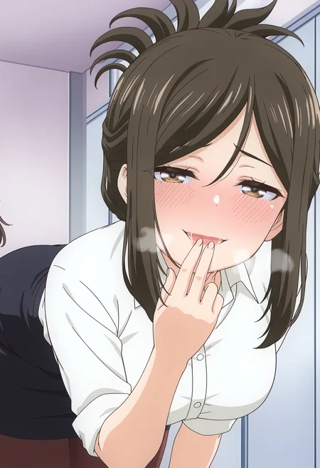 masterpiece, best quality, high resolution, source_anime, highly detailed illustration, detailed eyes,
very aesthetic, absurdres, newest, amazing quality, anime screencap,
1girl, solo, <lora:shiKojimaSenseiV1ill:1>,shikojimadef, brown hair, brown eyes, folded ponytail, long hair, large breasts, dress shirt, white shirt, office lady, pencil skirt, pantyhose,
<lora:shiSeduciveFingerV1ill:0.7> shisedupose, fingers to lips, fingers to mouth,
looking at viewer, smile, blush, open mouth, blush, seductive smile, leaning forward, saliva trail, heavy breathing,
half-closed eyes,