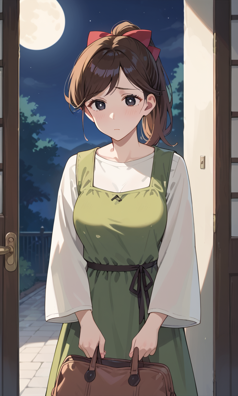 (1girl:1.5), (solo:1.3), (score_9, score_8_up, score_7_up, score_6_up, score_5_up, score_4_up), (source_anime), rating_questionable,
 (black eyes, dark blue pupils, eyelashes, brown hair, swept bangs, long hair, sad), <lora:shin-derayla-maid_v1:1> (shin-derayla-maid), (ponytail, red hair bow, green dress, pinafore dress, miniskirt, long sleeves shirt, wide sleeves), (large breasts),
outdoors, night, night sky, moon,  standing, open door, holding bag, holding the handles of the bag with both hands, brown bag,
