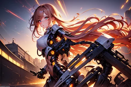 ((master piece)),best quality, illustration, 1girl, large breast, beautiful detailed eyes, beautiful detailed hair, (floating long hair), beautiful detailed street, mecha clothes, robot girl, cool movement, (filigree), colorful background, mecha, mechanical_body, <lora:Mecha_V2:1>