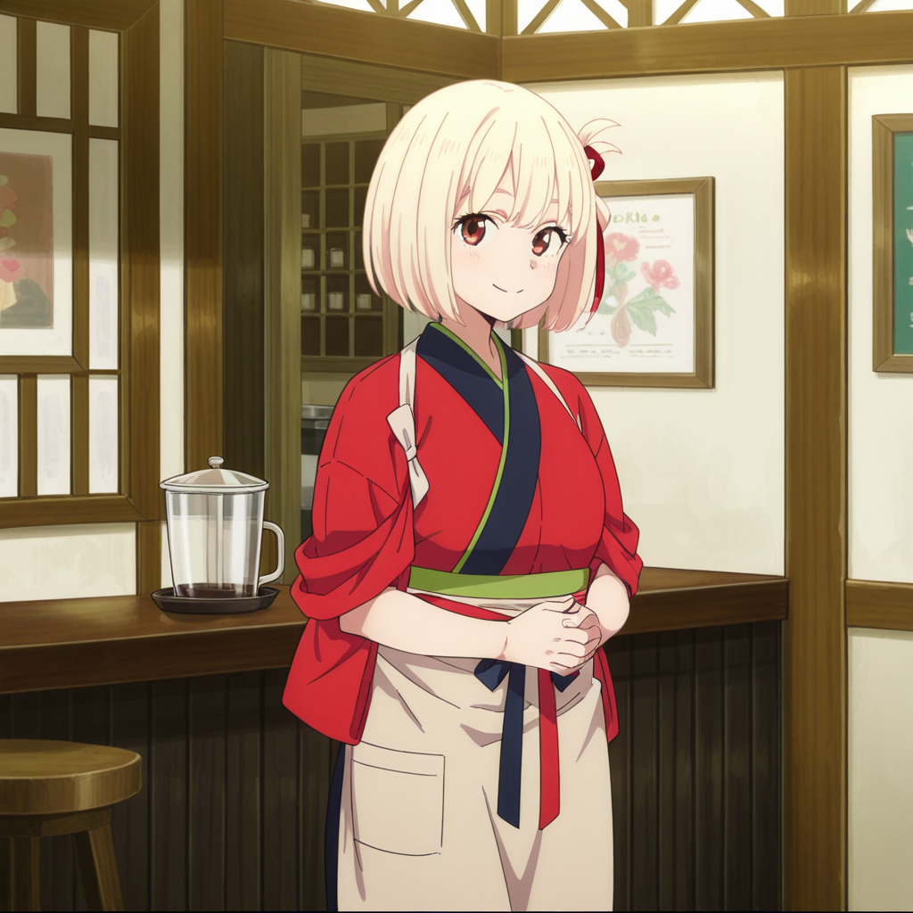 nsfw, masterpiece,best quality,amazing quality,1girl, solo, lycoris_recoil_chisato_nishikigi, blonde hair, japanese clothes, short hair, red kimono, kimono, apron, red ribbon, hair ribbon, ribbon, bangs, smile, bob cut, own hands together, looking at viewer, tasuki, indoors,coffee shop, <lora:Chisato_Nishikigi_-_Lycoris_Recoil:0.7>