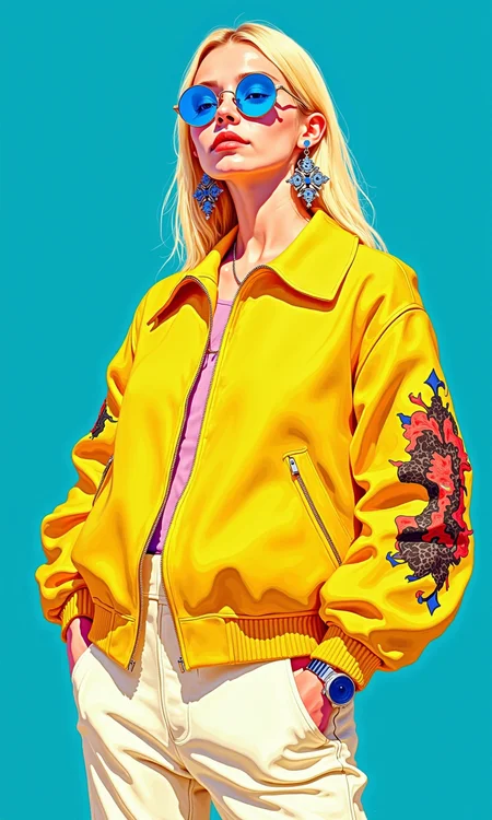 Full shot of a stylized illustration of a woman. 
The woman is blonde with long, straight hair. She is wearing round, blue sunglasses and large, ornate, dangling earrings that appear to be made of a series of small, interconnected shapes. 
She is dressed in a bright yellow jacket or bomber-style coat with a large collar, which falls well over the shoulders, and has a slightly oversized look. The folds and fabric texture of the jacket are clearly defined using graphic lines and shading.  Underneath the jacket, she wears light-colored (white or off-white) pants. 
She is positioned slightly angled, and her expression is neutral, almost serene. 
The background is a solid, vibrant blue. 
The illustration style is graphic, with bold lines and a pop-art feel. The colors are strong and contrasted with the backdrop.  There is a noticeable graphic detail on the jacket sleeves.  A wristwatch is visible at her wrist.
<lora:FLUX-daubrez-DB4RZ-v2:1> DB4RZ, DB4RZ style painting