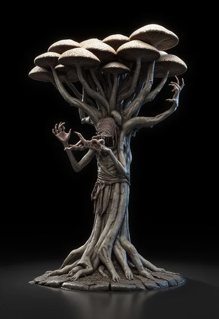 obscure mushroom trees with roots made out of multiple hands and fingers crawling on the ground
Set against a solid dark black color background to emphasize its unnatural form that emphasizes its silhouette.
The medium is not a traditional painting or illustrative medium like watercolor or ink but rather a digital 3D rendering. MikeFranchinastyle, bbstyle,, horror theme, ZBClay model of a gray sculpture, zbrush, d4arks0uls, overcast lighting, jedioutfit