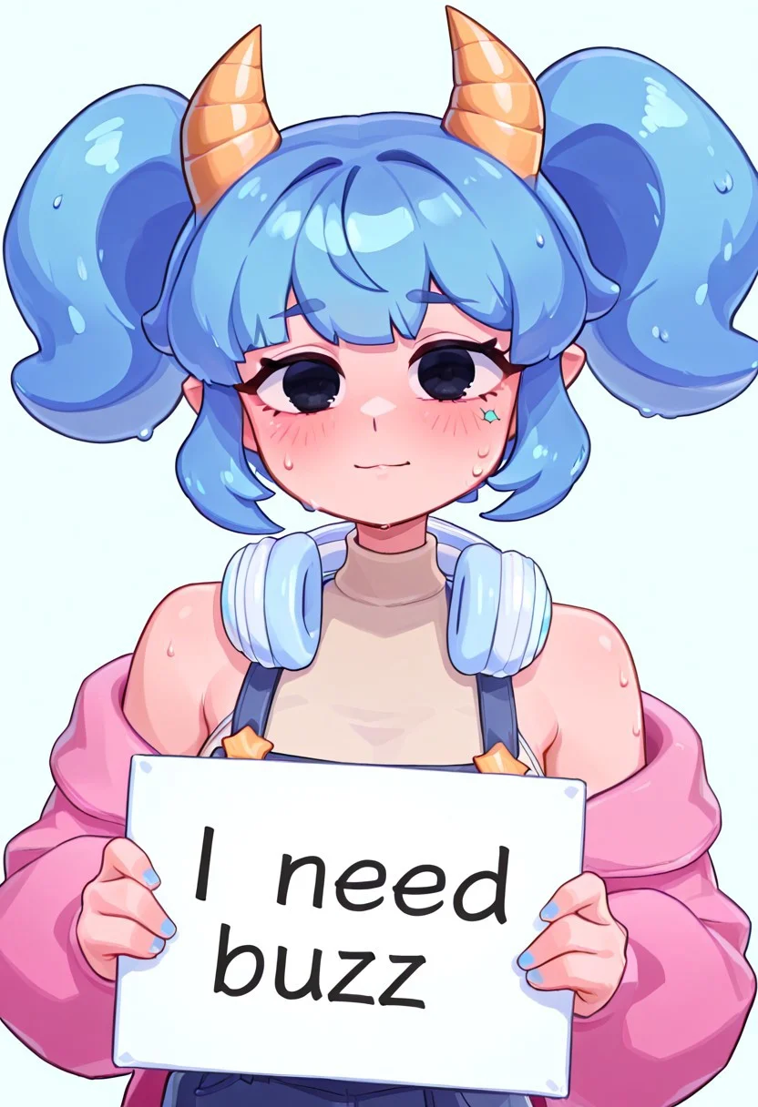 score_9, score_8_up, score_7_up, sweaty, 1girl, masterpiece, best quality, amazing quality, very aesthetic, absurdres, highres, newest, detailed, hackerling, twintails, blue hair, yellow horns, black eyes, headphone down on shoulder, off shoulder, short overalls, pink jacket, sleeveless shirt, asymmetric socks, striped socks, white shoes, turtleneck, need_buzz, holding sign, negative_hand, upper body, close up, sweat