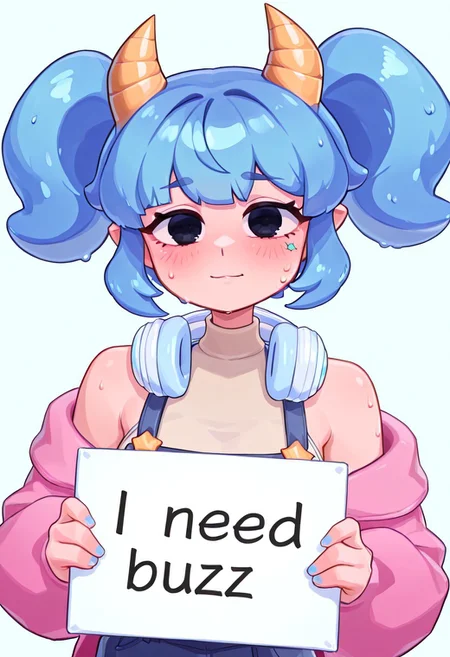 score_9, score_8_up, score_7_up, sweaty, 1girl, masterpiece, best quality, amazing quality, very aesthetic, absurdres, highres, newest, detailed, hackerling, twintails, blue hair, yellow horns, black eyes, headphone down on shoulder, off shoulder, short overalls, pink jacket, sleeveless shirt, asymmetric socks, striped socks, white shoes, turtleneck, need_buzz, holding sign, negative_hand, upper body, close up, sweat