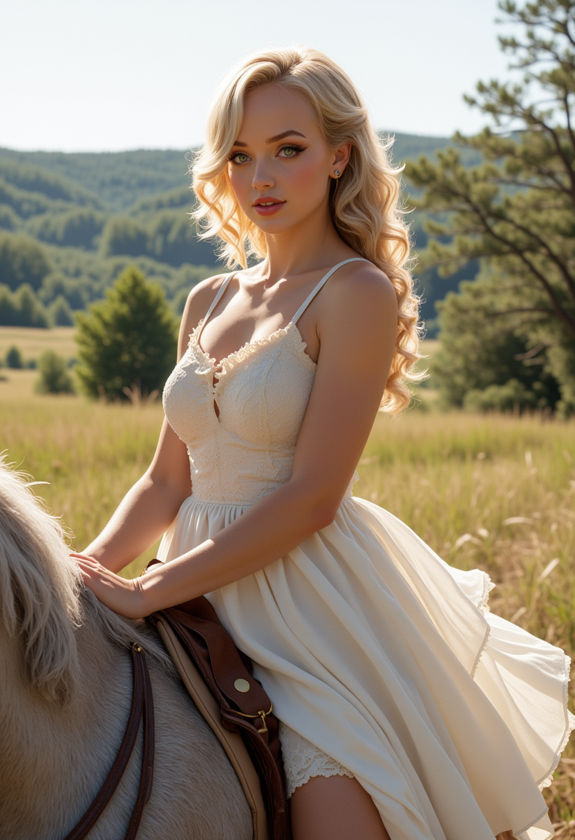 full body view, She is approximately 18 years old. Hyperrealism, she is looking at the camera, (dynamic angles), profile headshots of a beautiful, stunning unique female character.  she has blonde hair. her eyes are filled with joy and excitement, extravagant eyelashes. a photo of S0phi@V2, she is wearing a white frilly dress that comes down to her knees. The woman is posing confidently. a plantation house from the movie gone with the wind in the background. She has a slight smile on her face and is looking directly at the camera. making this image a masterpiece of photography and digital art. realistic. rendering, 32k UHD, expressive eyes, punk, graphic design, girl's face, pretty and cute, gleaming lips, telling a tale of adventure. Exuding confidence and serenity. The overall mood of the image is happy and relaxed,detailed skin texture,(blush:0.2),(goosebumps:0.3),subsurface scattering,whimsical,Detailed hand, Perfect hand. Perfection style. is posing on a grey horse. she is wearing brown leather boots. The photo is taken in a full body shot, focusing on S0phi@V2 and her horse.