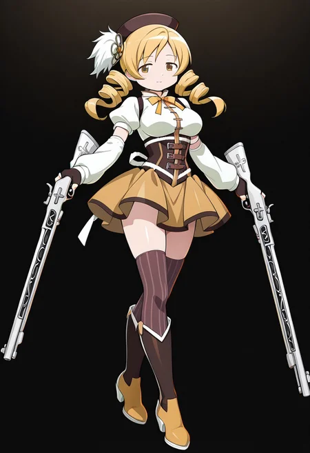 masterpiece, best quality, amazing quality, very aesthetic, absurdres, newest,shiny skin,, anime screenshot, xdive, anime coloring, black background, solo, full body, tomoe mami, yellow eyes, drill hair, twin drills, twintails, long hair, very long hair, blonde hair, hair ornament, breasts, large breasts, magical girl, brown hat, beret, corset, detached sleeves, puffy sleeves, gloves, ribbon, bow, bowtie, yellow ribbon, miniskirt, pleated skirt, yellow skirt, zettai ryouiki, vertical-striped clothes, vertical-striped thighhighs, brown thighhighs, Musket, standing