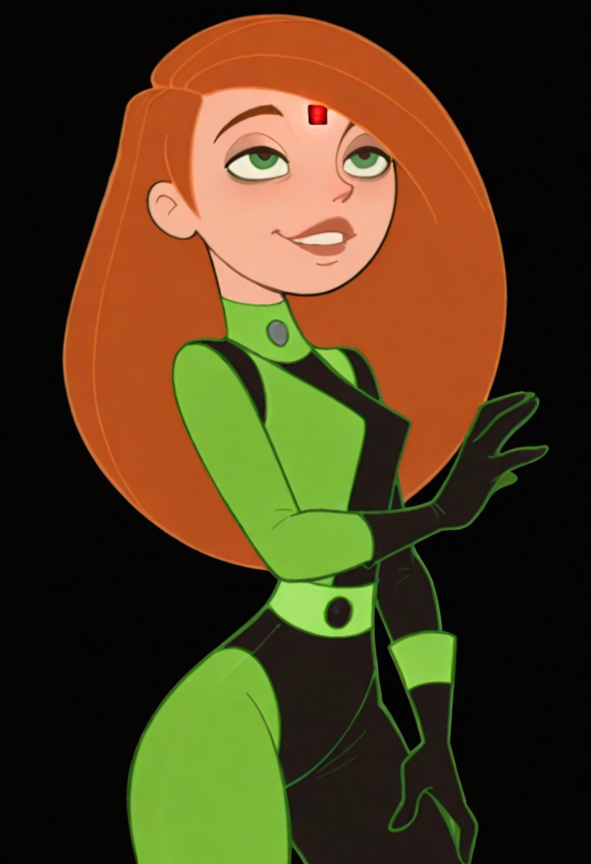 masterpiece, best quality, amazing quality, absurdres BREAK mind control chip, kim possible, ginger hair, long hair, green eyes, forehead ornament, glowing red light, skinny, black and green bodysuit, two-toned uniform, gloves, green belt, evil eyes, smug, alluring, posing, dynamic pose, sexy