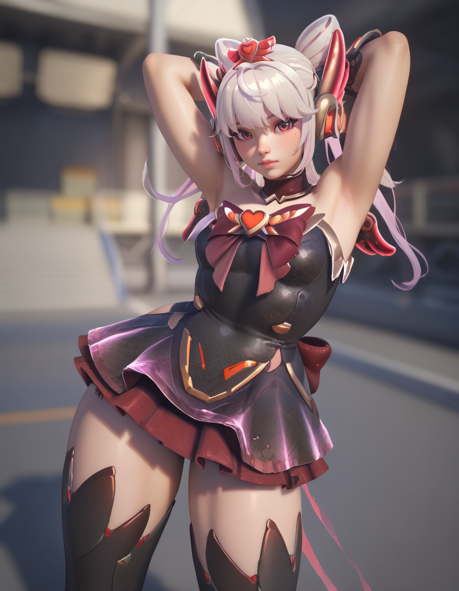 score_9,score_8_up, score_7_up, high-res, 2k, best quality, 2.5d, 1girl,  junoheart, outfit 3  <lora:Juno_mythic_pony-000043:1> Thighs parted arms raised