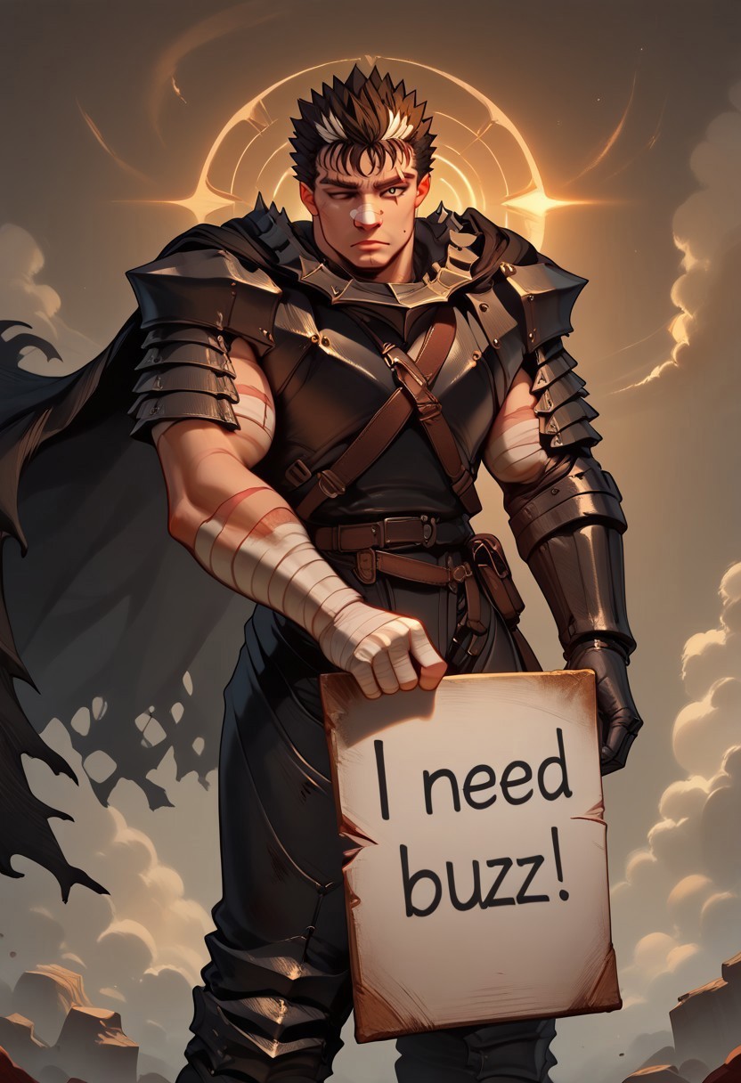 <lora:Floox_2.0:0.7>, fFaceDetail, skindentation:1.2, masterpiece, best quality, highly detailed, score_9, score_8_up, masterpiece, 4k, high quality, (best quality:1.1), 1boy, solo Guts_Armor, brown eyes, short hair, multicolored hair, spiked hair, black armor, shoulder armor, gauntlets, greaves, bandaged arm, black cape, torn cape, scar on nose, one eye closed, muscular male, need_buzz, holding sign