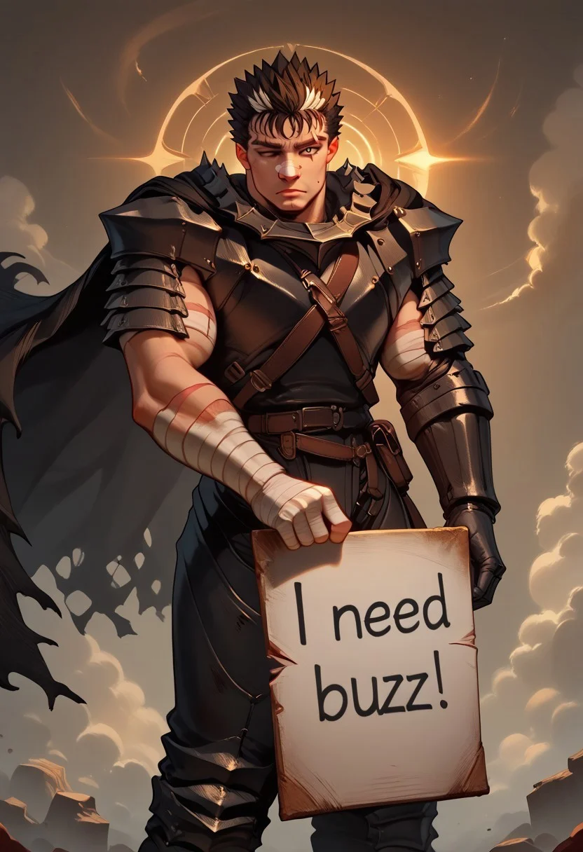 <lora:Floox_2.0:0.7>, fFaceDetail, skindentation:1.2, masterpiece, best quality, highly detailed, score_9, score_8_up, masterpiece, 4k, high quality, (best quality:1.1), 1boy, solo Guts_Armor, brown eyes, short hair, multicolored hair, spiked hair, black armor, shoulder armor, gauntlets, greaves, bandaged arm, black cape, torn cape, scar on nose, one eye closed, muscular male, need_buzz, holding sign