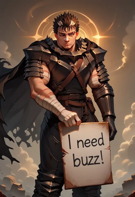 <lora:Floox_2.0:0.7>, fFaceDetail, skindentation:1.2, masterpiece, best quality, highly detailed, score_9, score_8_up, masterpiece, 4k, high quality, (best quality:1.1), 1boy, solo Guts_Armor, brown eyes, short hair, multicolored hair, spiked hair, black armor, shoulder armor, gauntlets, greaves, bandaged arm, black cape, torn cape, scar on nose, one eye closed, muscular male, need_buzz, holding sign