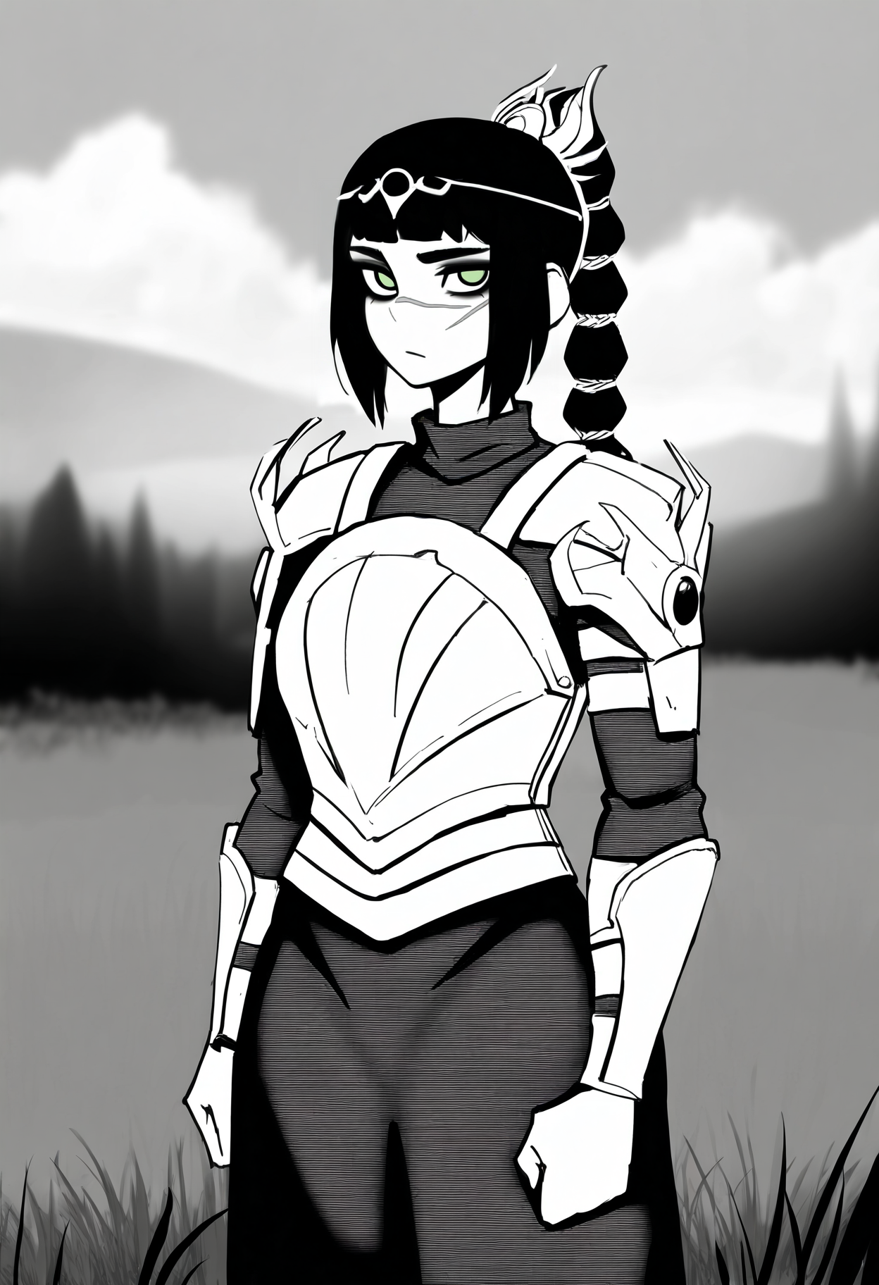 masterpiece, best quality, very aesthetic, absurdres,
 monochrome, greyscale, sketch, 
1girl, solo, shadowheart, black hair, braided ponytail, green eyes, scar on face, circlet, looking at viewer, armor, standing, grass, meadow background,      <lora:OmoriNoobLocon_byKonan:1>, <lora:ShadowHeartIllustrious_byKonan:0.8>
