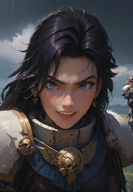 1girl, solo, 24 year old woman, large build, kneeling:1.4, beautiful, long hair, dark purple hair, freckles:1.4, face uplifted:1.6, looking up, looking at the sky, earrings, fierce grin:1.5, crying:1.5, teeth clenched:1.4, angry smile:1.5, wide hips, knight armor:1.5, heavy armor, gauntlets, greaves, bright blue eyes, arms at her sides, rain falling on her face:1.5, tan skin, on knees, tears on chin, tears on cheeks,
dusk, after battle, muddy field, some grass, fallen soldiers around her:1.4, storming, dark gray sky, dark sky:1.4, streaming banners, battlefield, intense rain:1.3, dreary, raining, overcast, mountains and hills in the background,
score_9, score_8_up, score_8, masterpiece, best quality, official art, extremely detailed, CG unity 8k wallpaper, absurdres, high definition, photorealism:1.5, detailed shading, high contrast, ambient occlusion, vivid colors:1.5, saturated colors:1.6,
downward angle:1.3, cowboy shot, cinematic, from above:1.3,
expressiveh, whites40k, tears,