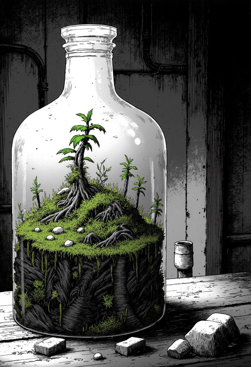 Nistyle, monochrome Manga Sketch, A close-up of a large glass bottle with a thousand-year-old garden inside, overgrown with moss and small plants, pebbles, humid atmosphere, atmospheric background lighting