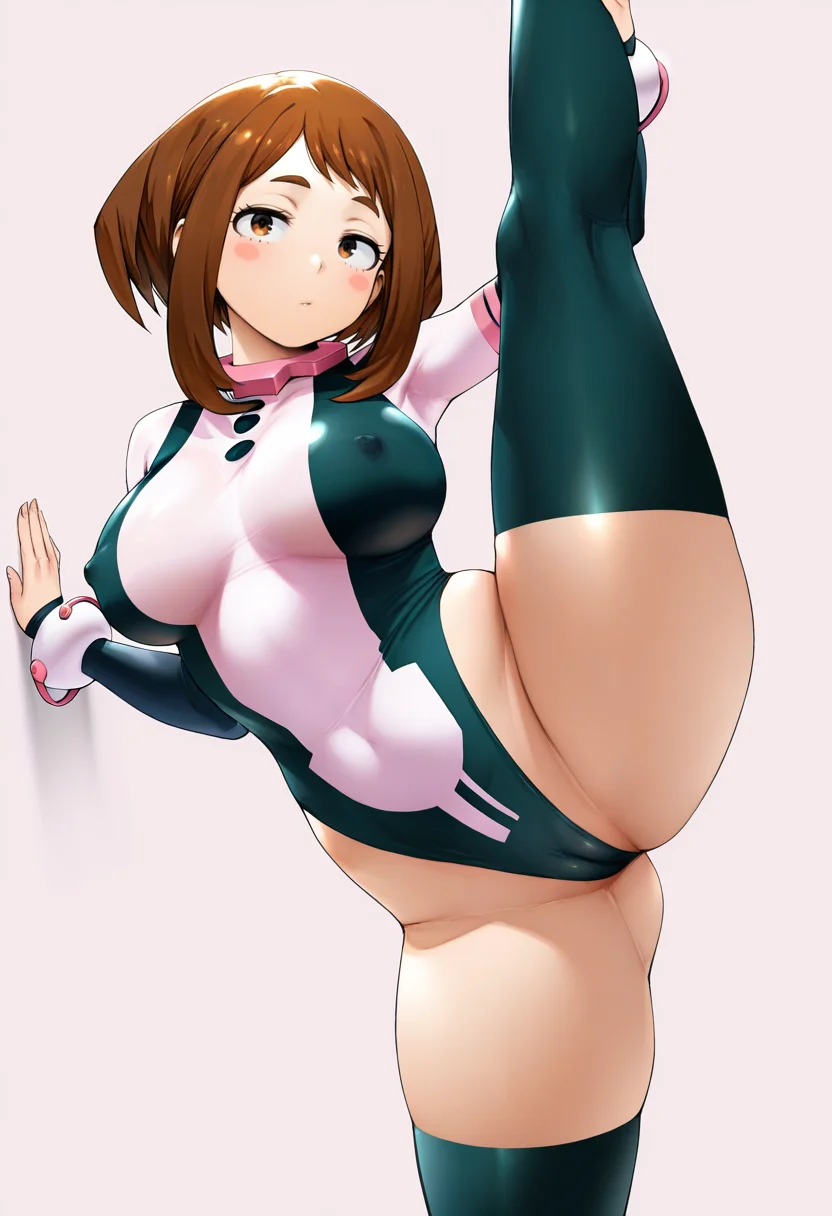 masterpiece, best quality,
<lora:Vadass_Oltlo:1> V4d4ss(0ltl0), 1girl, solo, standing on one leg, leg up, standing split, looking at viewer, half-closed eyes, uraraka ochako, see-through clothes, highleg leotard, elbow gloves, thighhighs, cameltoe, covered nipples, simple background,