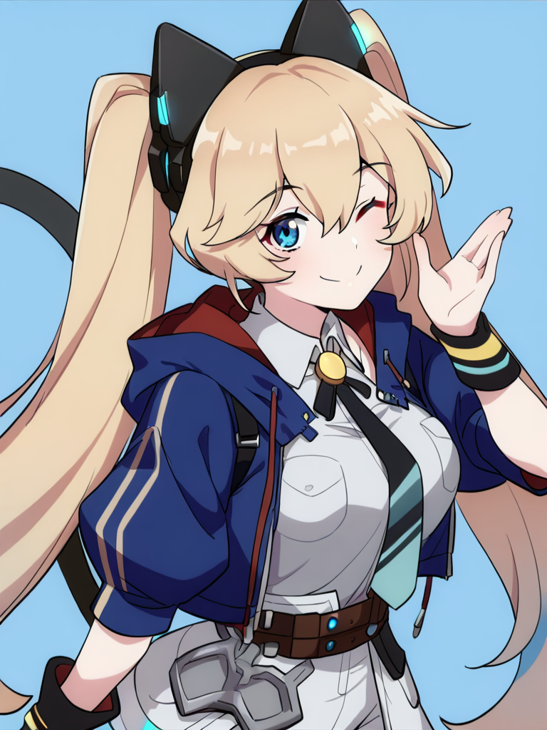 1girl,michelle\(calabiyau\),looking at viewer,simple background,smile,solo,tail,one eye closed,robot_ears,,,colored clothes,<lora:tgm-noob05:1>,<lora:michelle-000008:1>, masterpiece, best quality, very aesthetic, absurdres