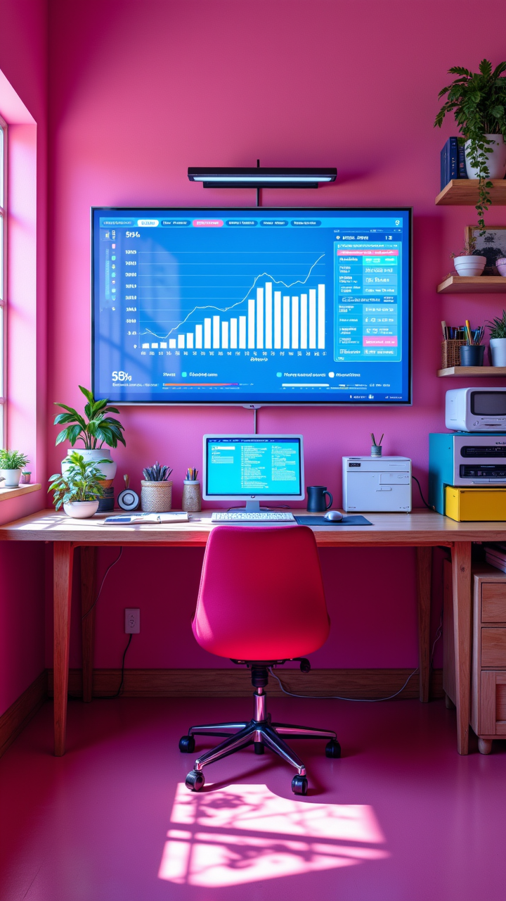 a Colorful and [Cuban|Shinto] desk with pink walls and a large screen displays the latest data from within. The desk is filled with various types of machines, including machine learning algorithms, epic composition equations, or spreadsheet systems. 80mm, aidmafluxpro1.1