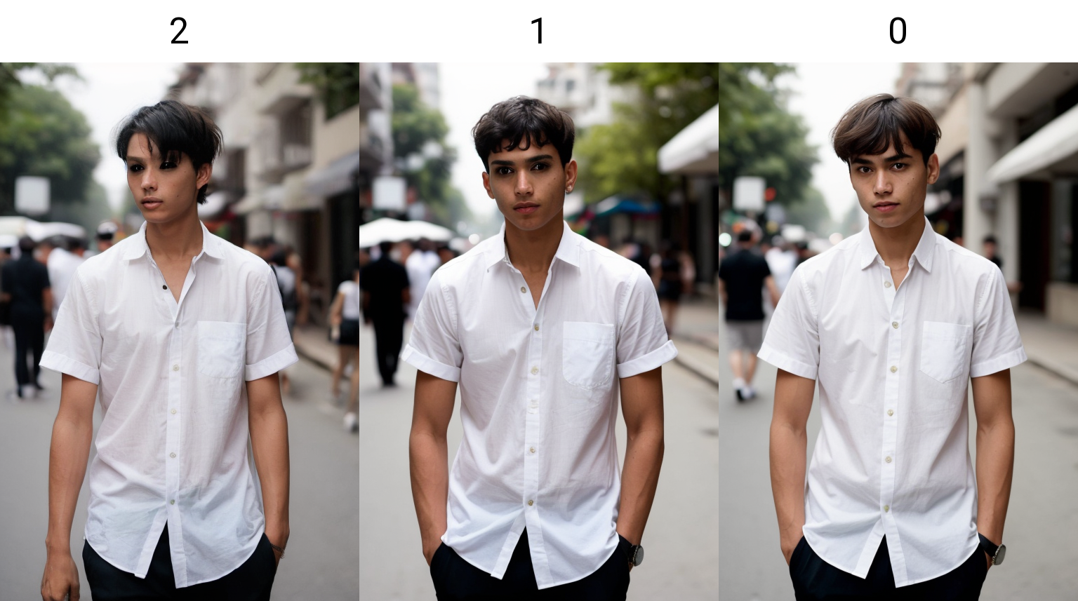 a man, short hair, wearing white shirt <lora:BlackScleraSlider_v10:2> in street